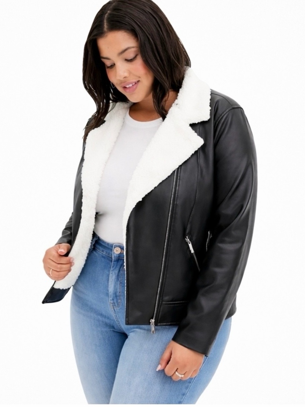 Torrid black faux leather Sherpa lined moto jacket